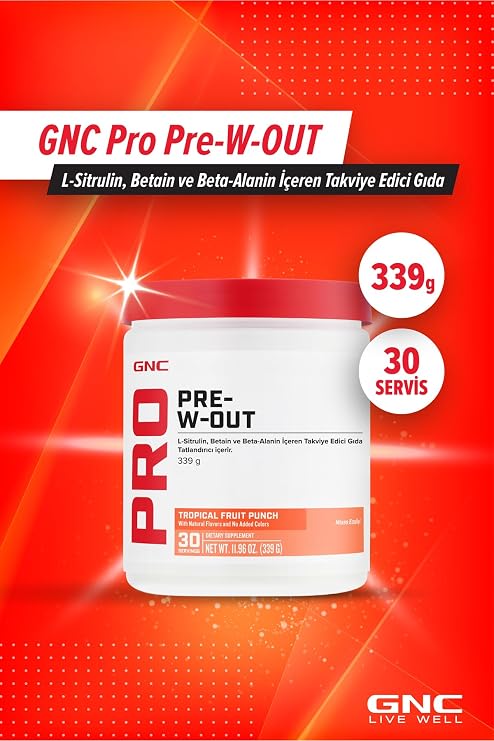 GNC Pro Pre-W-Out, L-Sitrullin, Betain ve Beta-Alanin İçeren Takviye Edici Gıda, 339 g, Tropikal Meyve Punch