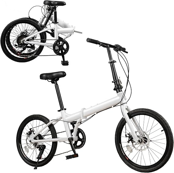 20 Inch Folding Bike, 7 Speed Foldable Bike for Adults, Folding City Bike with Dual Disc, Brakes Compact Light Weight Carbon Steel White Adult Bike