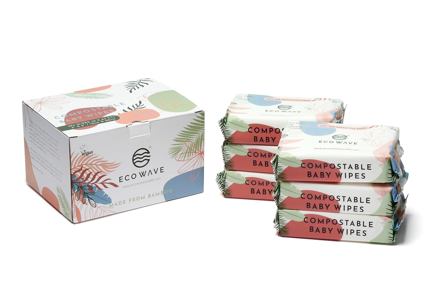 Eco Wave Baby Wipes, 100% Compostable Eco-Friendly Bamboo Wipes, Unscented, Hypoallergenic, Vegan, Alcohol-Free, Suitable For Sensitive Skin Pack of 6