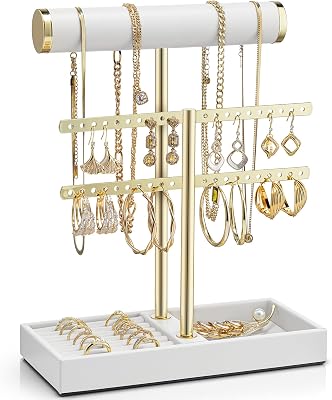 Vlando 2 Tier Necklace Holder Organizer with Tray, Leather Bracelet Holder Display for Women, Gold Jewelry Holder Stand for Bracelet, Necklace, Earrings, Rings - White