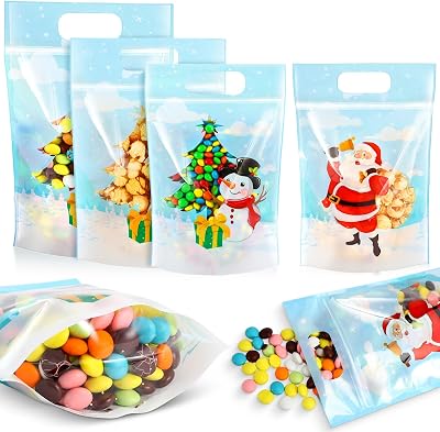 Windyun 50 Pcs Christmas Gift Bags Transparent Mixed Sizes Merry Christmas Sealed Pouch with Handles Resealable Xmas Santa Snowman Plastic Bags for Xmas Holiday Party Candy Gift Wrapping Supplies