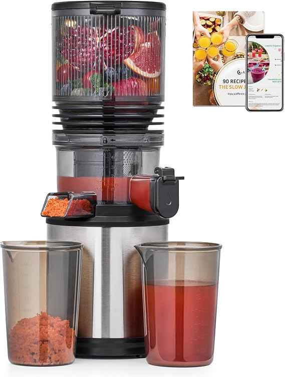 Cold Press Juicer Machine with 6" Extra-Wide Feed Chute,Triple Stainless Steel Filter,Quiet DC Motor,Easy to Clean,Slow Masticating Juicer High Juice Yield, Grey