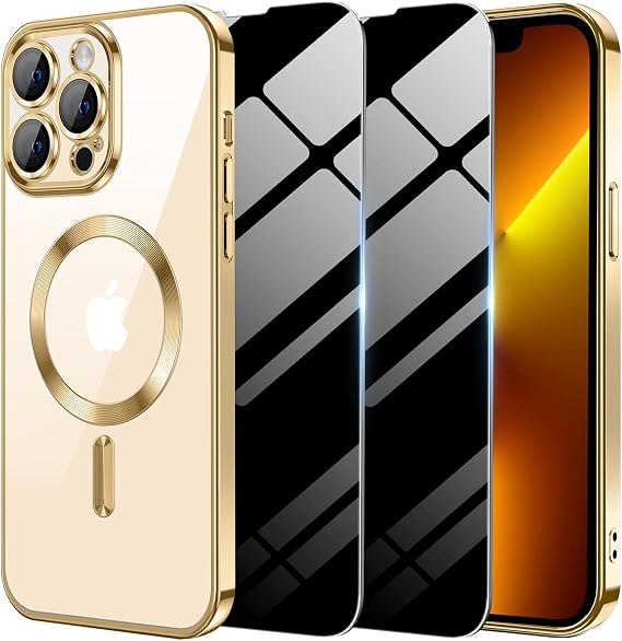 Magnetic Case for iPhone 13 Pro Max with 2 Privacy Screen Protector [Compatible with MagSafe],Non-Yellowing Shockproof Protective Phone Case for iPhone 13 ProMax,Gold