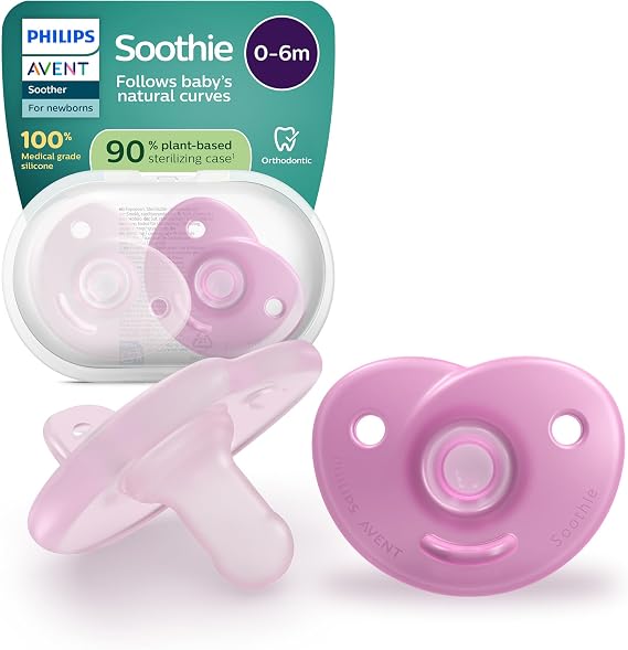 Philips Avent Soothie Pacifiers - One-Piece Silicone Design for Newborns, Flexible Nipple Reduces Pressure Between Teeth and Mouth, BPA-Free, 2-Pack SCF099/27
