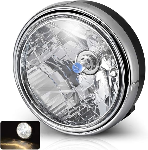 KATUR Motorcycle Halogen Headlight 7" Round Chrome Retro Headlamp 12V Compatible with Honda CB400 CB500 CB1300 VTEC VTR 250
