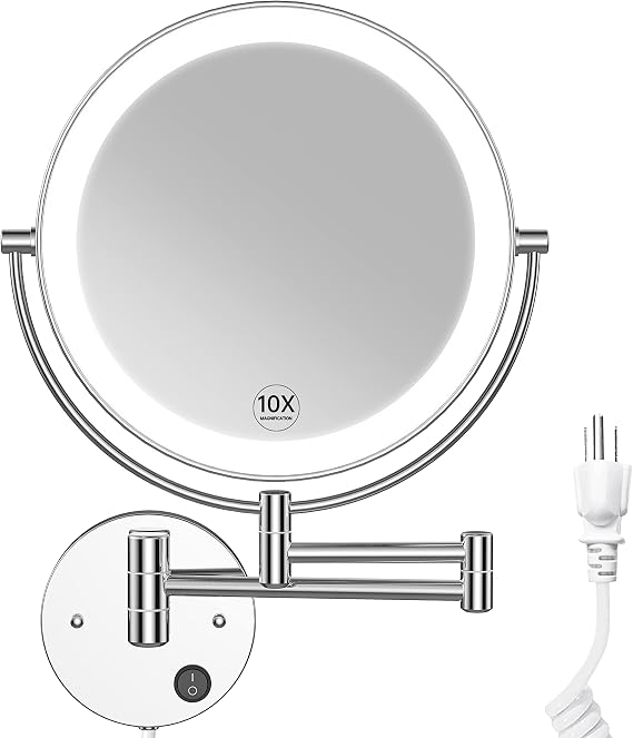 9" Large Wall Mounted LED Makeup Mirror with Magnification 10X/1X, Corded