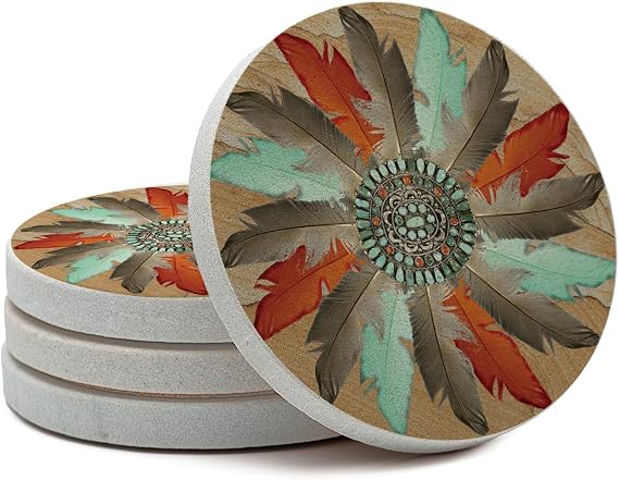 Thirstystone Feather Medallion 4 Pack Round Natural Sandstone Coasters