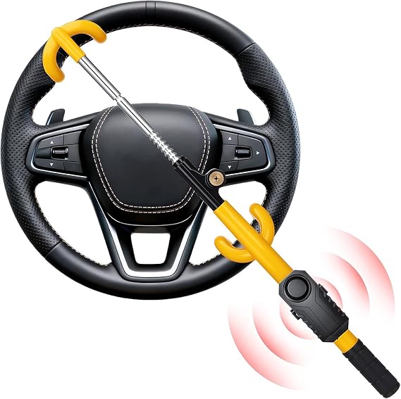 ELECTOP Steering Wheel Lock with Alarm 113db Anti Theft Car Device Double Hooks Car Lock with Adjustable Locking and 2 Key Car Alarm System with Motion Sensor Universal Fit for Vehicle Truck Van SUV