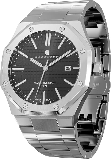 SAPPHERO Watches Men Octagonal Stainless Steel Waterproof Analog Japanese Quartz Wrist Watch Date Classic Business Luxury Watches for Men Elegant Gifts