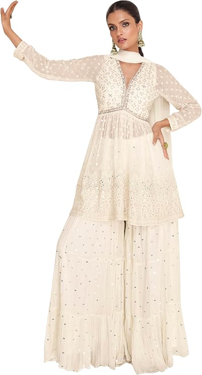 TRENDMALLS Women's Georgette Embroidery Work Kurta Sharara with Dupatta