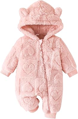 Seyurigaoka Newborn Baby Bear Romper Hooded Fleece Jumpsuit with Ears Furry One-Piece Zipper Outfit Warm Winter Snowsuit