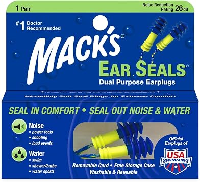 Macks Ear Seals Earplugs, 1 Pair with Detachable Cord - 26db High NRR - Dual Purpose Comfortable Ear Plugs for Noise Reduction and Blocking Water