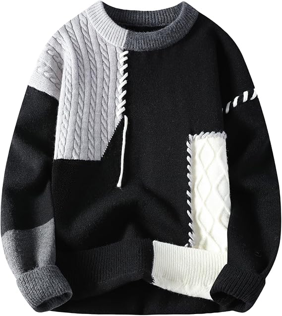 GURUNVANI Mens Color Block Patchwork Sweater Oversized Cable Knit Pullover