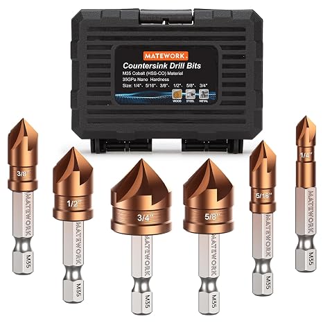 Matework 6Pcs Countersink Drill Bit Set, M35 Cobalt HSS 1/4" Hex Shank