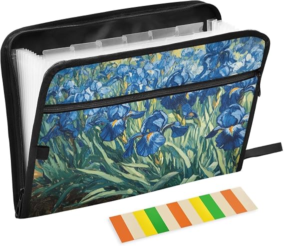 13 Pockets Expanding File Folder with Zipper Closure, Irises Vincent Van Gogh Accordion File Folder with Sticky Labels, Letter Size A4 Papers Expandable File Document Organizer