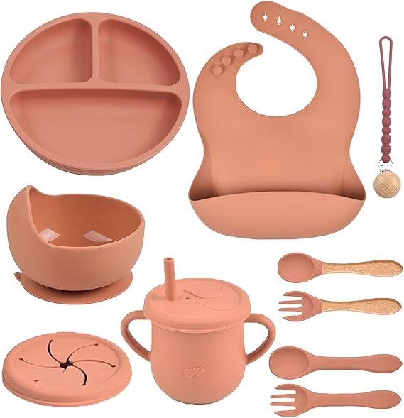 Silicone Baby Feeding Set 12 Pcs | Baby Led Weaning Supplies | Baby Spoons Suction Bowl Divided Plate Bib Cup | First Stage Solid Food Eating Utensils - 6+ Months (Creamy Peach)