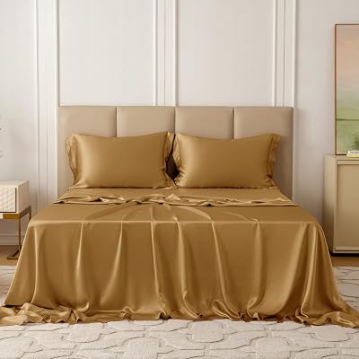 THXSILK Silk Sheet Set 4 Pcs, 22 Momme 100% Top Grade Natural Mulberry Silk Bed Sheets, Luxury Bedding Sets -Ultra Soft Durable, 1 Fitted Sheet, 1 Flat Sheet and 2 Pillow Shams King, Metallic Gold