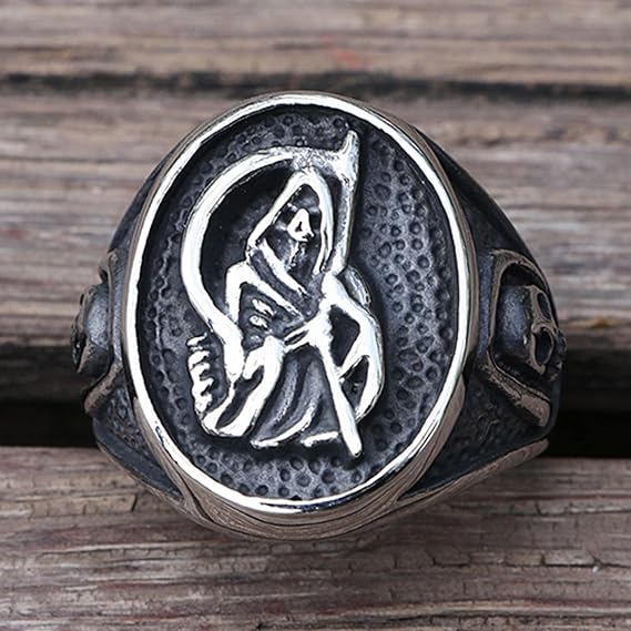 Gothic Death Sickle Skull Ring Men Death Scythe Biker Ring Vintage Male Punk Skull Signet Ring Gift For Him