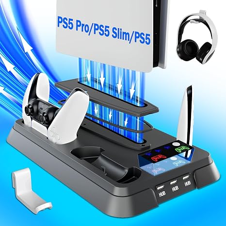 PS5/Slim/Pro Stand for PlayStation 5 Disc & Digital Console, PS5 Cooling & Charging Station, PS5 Controller Charger Incl.3 Level Fan,Headset, PS5/Slim/Pro Accessories  3 USB Ports