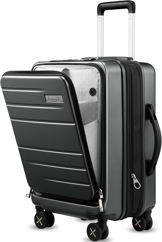 LUGGEX Carry On Luggage, Front Opening, Charcoal Metallic, 20"