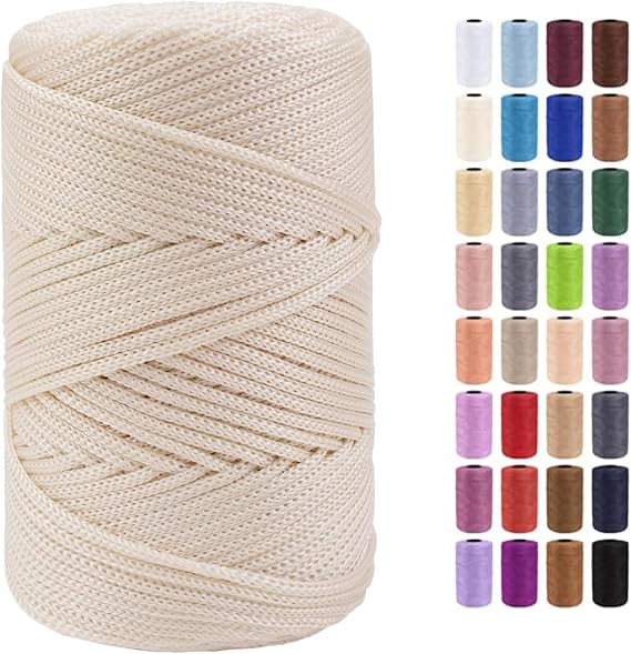 Polyester Braided Macrame Cord 3mm, Thick Durable Soft Crochet Cord for Making Bags,DIY Crafts, Wall Hanging, Plant Hangers, Strong Macrame Cord for Jewelry Making (328ft, Beige)
