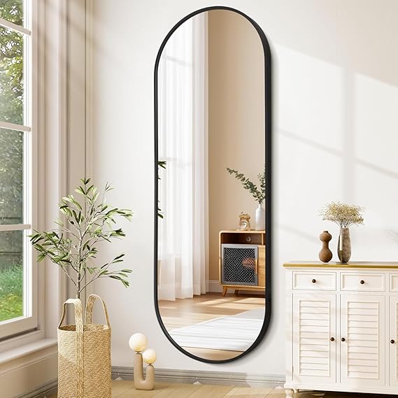 JJUUYOU Bathroom Wall Full Length Mirrors for Wall Oval Mirror Black Metal Framed Mirrors 48"X18" Matte Bedroom Vanity Farmhouse Anti-Rust Tempered Glass Hangs Horizontally or Vertically Mirror