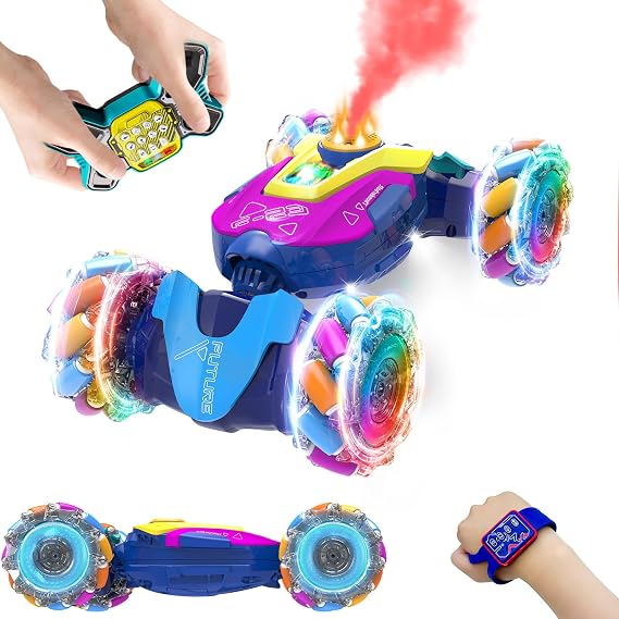 Gesture Sensing RC Stunt Car for Boys, 2.4Ghz Remote Control Twist Cars Toys for 6-12 yr Boys&Girls - 360 Rotating Spray Drift Off Road w/Lights&Music, Best Gifts for Kids, Blue
