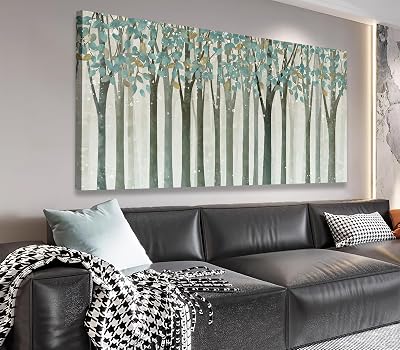 VEAEE Birch Tree Wall Art - 20x40 inches, Teal Green Trees Painting for Living Room, Fade-Resistant Canvas, Modern Home Decor