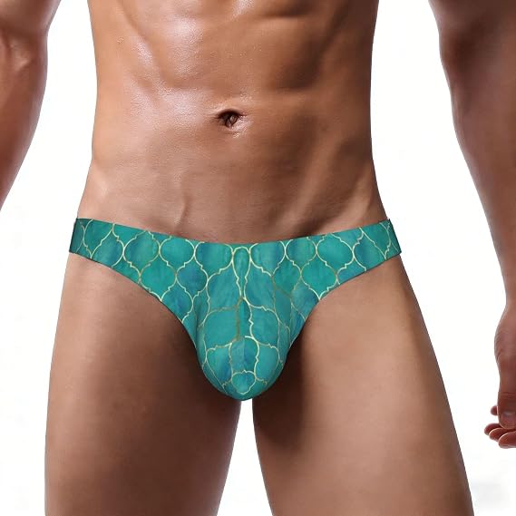 Vintage Moroccan Teal Pattern Men's Sexy Bikini Briefs - Comfortable & Durable Low Cut Swim Underwear