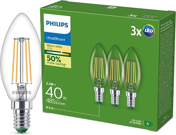 Philips Classic Ultra-efficient LED Bulb with Energy Efficiency Class A, E14 Base, Replaces 40W, Clear, Warm White Light, Candle Shape, Pack of 3 [Energy Class A]