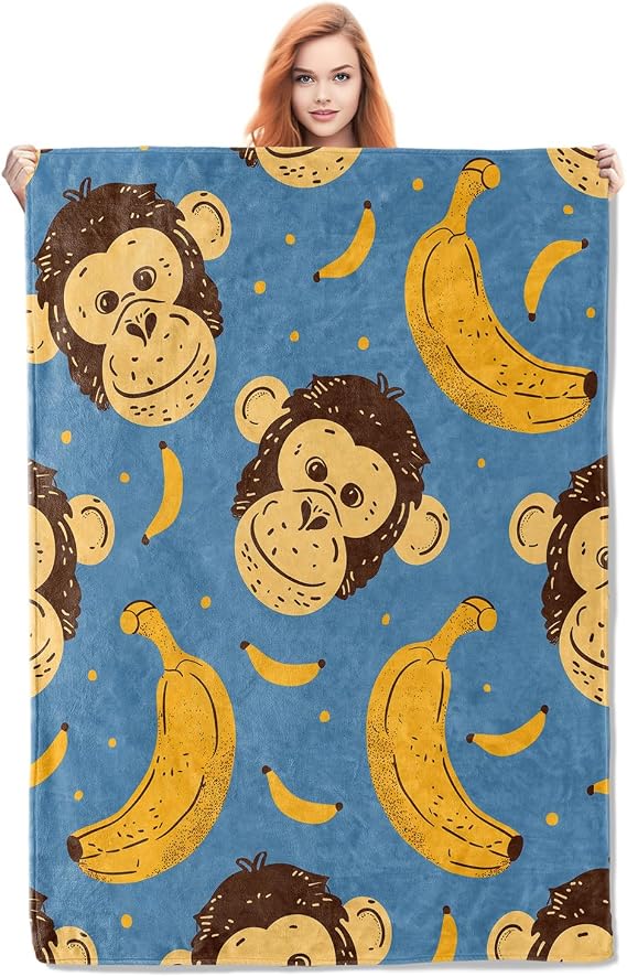 Monkey and Banana Blanket Gifts for Adults Kids Women Girls Soft Warm Lightweight Cozy Cute Animal Throw Blankets for Bed Sofa Couch Living Room Decor 50x60in
