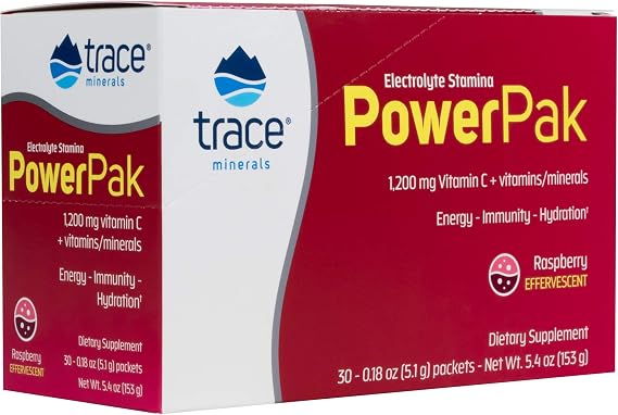 Trace Minerals | Power Pak Electrolyte Powder Packets | 1200 mg Vitamin C, Zinc, Magnesium | Boost Immunity, Hydration and Natural Energy | Raspberry | 30 Packets