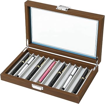 12-Slot Fountain Pen Display Box, Black Walnut Wood Pen Organizer with Clear Glass Window, Luxury Pen Storage Case for Fountain Pen Collection Pencil Holders