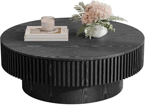 LKTART Round Fluted Coffee Table with Storage for Living Room, Black