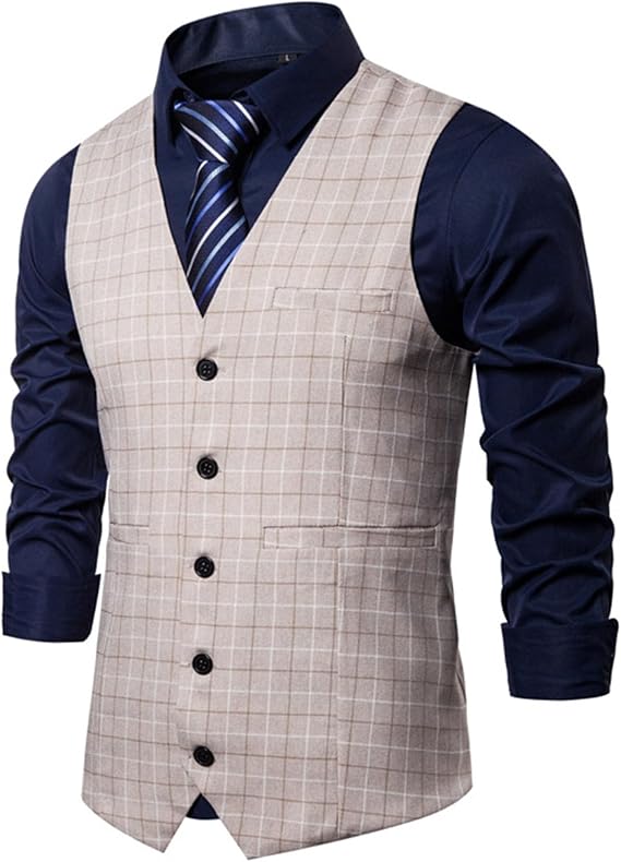 JEsilunmaMY Stylish Plaid Suit Vest for Men Single-Breasted Slim Fit Tuxedo Vest Formal Dress Waistcoat for Wedding Groomsmen