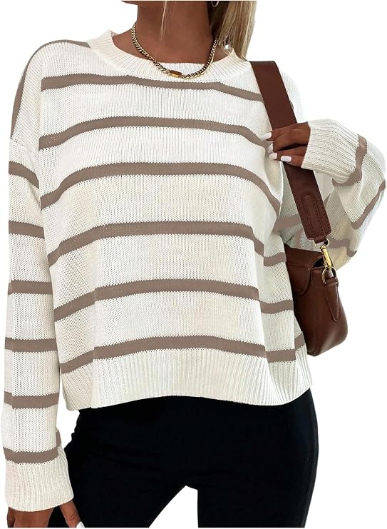 GORGLITTER Women's Striped Sweater Oversized Cute Drop Shoulder Fall Tops