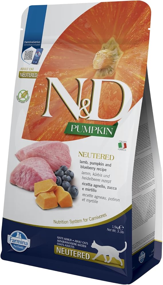 N&D Pumpkin Dry Cat Food, Grain Free, Lamb and Blueberry, Sterilized, Adult, 1.5 kg
