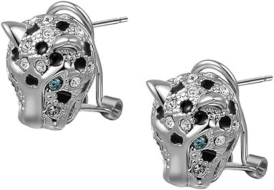 Animal Leopard Panther Jaguar Cheetah Clear and Black Cubic Zirconia Spot Dos Gold Plated Leverback Stud Earrings Fashion Jewelry for Women White Gold Plated