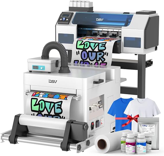 DSV A1 DTF Printer-2 Min/A3 Print,40% Truer Colors vs Single Head,Auto Cleaning &White Ink Circulation (A3/13in Dual XP600 Printer, Printer+Powder Shaker&Dryer+Air Purifier)