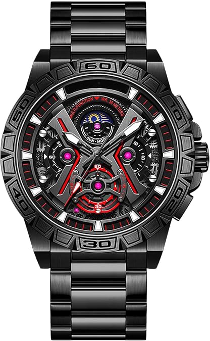RORIOS Men's Cool Watch Fashion Automatic Watch Multifunctional Mechanical Wristwatch Stainless Steel Skeleton Wrist Watch Luminous Analog Watches Black, AA-AGX002