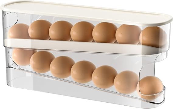 Space-Saving Rolling Egg Holder for Refrigerator, 12-Large Egg Capacity, Clear PET Dispenser with Lid, Sturdy and Durable, Easy Access, Side-door Fridge Organizer