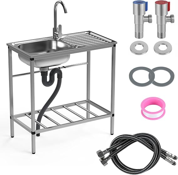 Stainless Steel Utility Sink Set, Freestanding Single Bowl Kitchen Sink with Hose Hook Up, Hot & Cold Faucet, Storage Shelves for Garage, Restaurant, Kitchen, Laundry Room