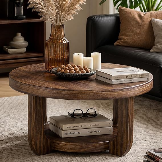 Round Coffee Table, 2-Tier Circle Coffee Table with Storage (Walnut)