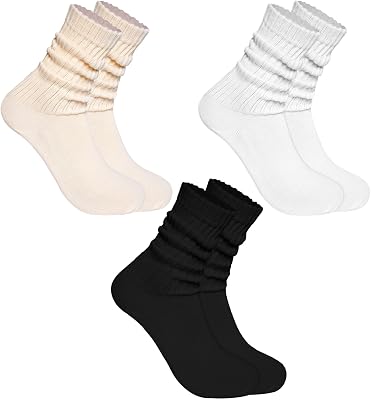 Women Crew Socks Slouch Scrunch Cotton Retro Striped Athletic Long Calf Socks Seamless Comfort Fall Winter 3 Pairs