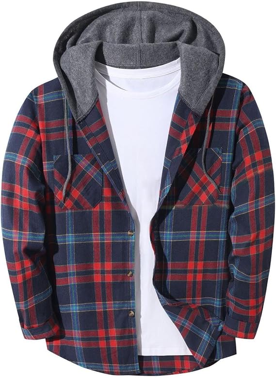 Xiaojmake Flannel Plaid Jackets for Men Long Sleeve Hooded Button Up Coat with Pocket Fall Trendy Casual Sport Daily Wear