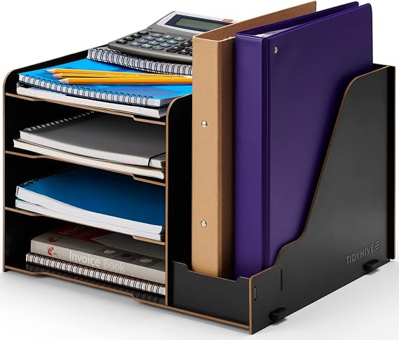 Desk Organiser File Holder, Letter Tray Storage, A4 Paper Tray with Stationary Storage for Office Desk Tidy, Document Filing Trays, Black