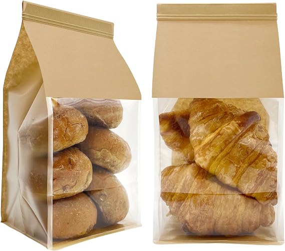 BIUBIU 50ct 5.1x4.3x11inch Thicker Paper Bread Bags for Homemade with Window & Tin Tie Tab Lock - Ideal for Sourdough Bread, Bakery, Baked Goods, Pastry & Cookie Packaging, Brown Kraft, Gift Giving