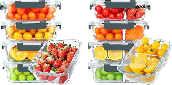 KOMUEE 30 oz 5 Pack Glass Meal Prep Containers 1 Compartment and 5 Pack Glass Meal Prep Containers 2 Compartments