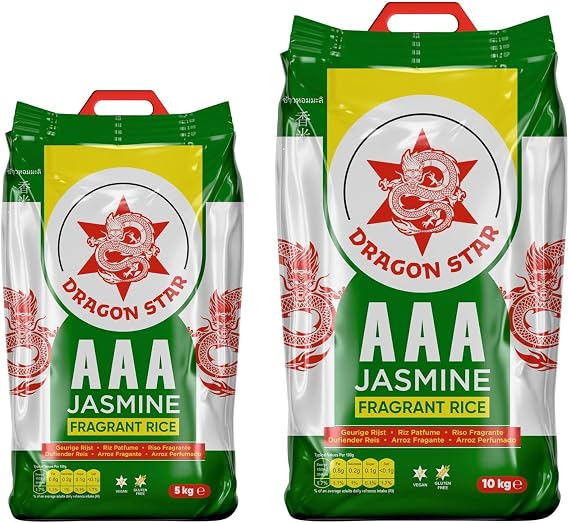 Dragon Star AAA Jasmine Fragrant Rice 15kg | 10kg + 5kg | Long Grain and Authentic Rice | Aromatic Flavour | Soft and Fluffy Texture | Perfect for Traditional Recipes