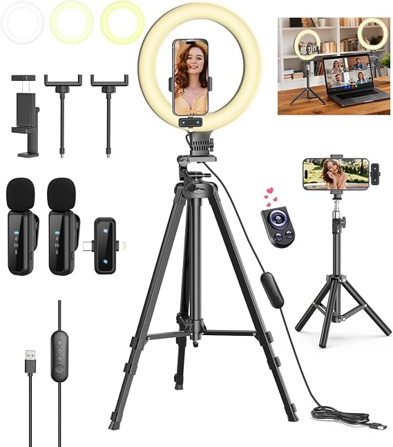 Vlogging Kit for iPhone/Android, 10'' Selfie Ring Light with 57'' Stand
